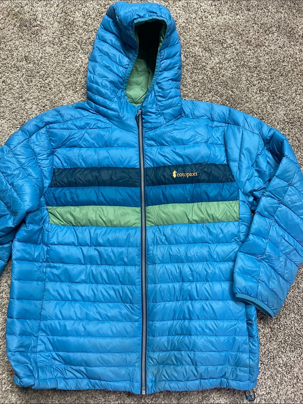 cotopaxi Blue Hooded Puffer Jacket Green and Navy Stripes Men’s Size 2XL - 1511